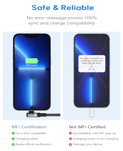 10 FT Right Angle i Phone Charger Cable 2-Pack – MFi Certified Lightning Fast Charging for i Phone 14/13/12/11 Pro Max & More – Durable Nylon Braided Design for Optimal Performance and Tangle-Free Convenience – Perfect for Gaming and Streaming