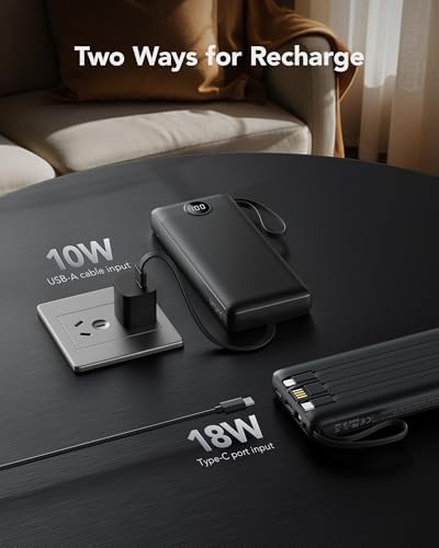 Ultimate 20000 m Ah VRURC Portable Charger with Built-in Cables – Fast Charging Power Bank for Travel, PD & QC 3.0 Compatible, 4 Output Ports & Dual Input, Ideal for i Phone, Samsung, Android Devices – Compact & Durable Battery Pack for On-the-Go Power