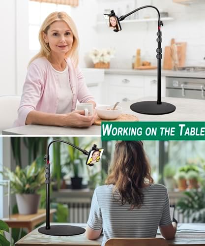 Phone Overhead Stand, Gooseneck Phone Floor Stand, Tall Video Cell Phone Mount with Height Adjustable Stand, Heavy Base, 360 Head, Works with iPhone 16, 16 Pro Max, 16 Plus, 15, 14, 13 – Enhanced Compatibility and Speed
