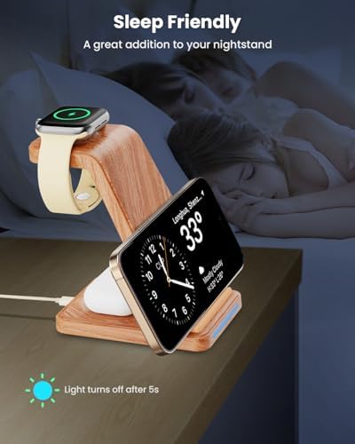 Sleek 3-in-1 Wireless Charging Dock for Apple Devices – Fast and Efficient Charging Station for i Phone 11-16, Apple Watch Series 2-8, and Air Pods – Elegant Wood Finish for Home and Office – Streamline Your Charging Experience with Enhanced Compatibility and Speed