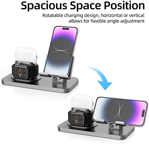 Revolutionize Your Charging Routine with the 180° Adjustable Phone Charger Stand Holder – 3-in-1 Docking Station for Apple Watch, Air Pods, i Pad, and Most Smartphones – Fast Charging & Elegant Gray Design for Enhanced Organization and Accessibility