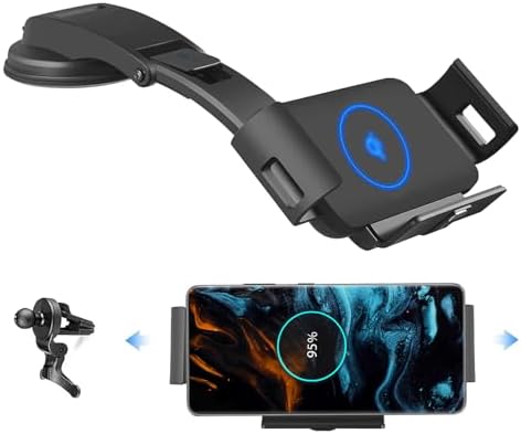 Fast Wireless Car Charger Mount with Auto-Clamping Mechanism for i Phone 16/15/14/13/12 and Galaxy S25/S24/S23/S22/Note20 – 15 W Quick Charge, Adjustable Air Vent Holder, Safe Charging with Over-Temperature and Short-Circuit Protection, Perfect for Hands-Free Navigation and Calls