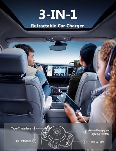 Experience Ultimate Comfort on the Road with the Starlight 5-in-1 Retractable Car Charger & Aromatherapy Diffuser – Fast Charging for i Phone 16/15 and More, Dual USB-C Cables, and a Soothing Essential Oil Atmosphere for Enhanced Relaxation.