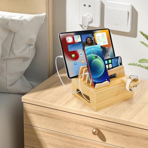 Eco-Friendly Bamboo Multi-Device Charging Station – Versatile Desktop Dock for Smartphones, Tablets, and Smartwatches with Customizable Dividers and Fast Charging Ports for Efficient Cable Management and Stylish Organization