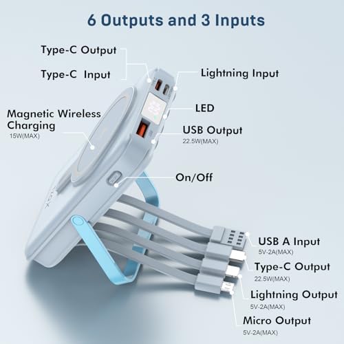 Ultra-Sleek 10000 m Ah Wireless Magnetic Power Bank – Fast Charging Portable Charger with Built-in Cables & LED Display – Compatible with i Phone 16/15/14/13/12/Pro/Mini/Pro Max (Purple) – Convenient On-the-Go Power Solution with Integrated Stand and Mag-safe Technology