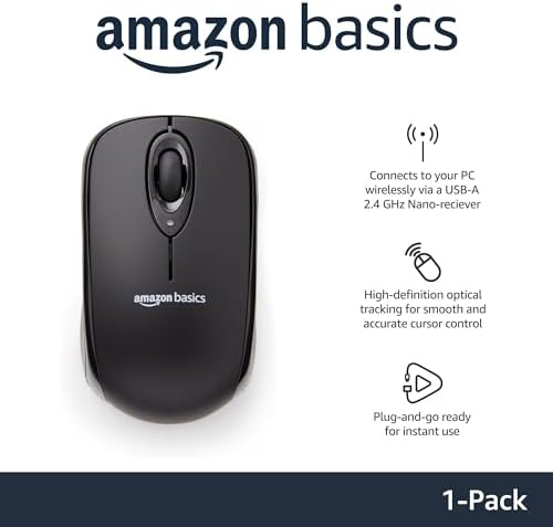 Wireless Silver Optical Mouse by Amazon Basics – 2.4 GHz Connection with USB Nano Receiver for Effortless Navigation and Ergonomic Comfort in Home & Office Use