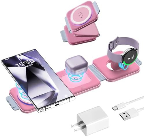 Ultimate Samsung Multi Travel Charger: Foldable Wireless Charging Pad for Galaxy Watch Ultra/7/6/5 Pro/Active 2 & Quick Charge for S25/S24/S23/S22 (+/Ultra)/Note20 – Compact Purple Design with Buds3 Pro Compatibility and Enhanced Speed for On-the-Go Power Solutions