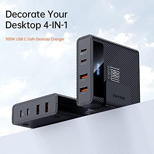 Mcdodo 100 W Fast Charging Station – 4-in-1 Multiport USB Hub with 2 USB-A & 2 USB-C for Rapid Power Delivery – Ga N Technology Desktop Charger for i Phone, i Pad, Android, Mac Book – Includes 1.5 m AC Power Cable for Optimal Placement and Enhanced Device Compatibility