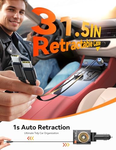 JOYROOM Ultra-Compact 84 W Retractable Car Charger – Fast USB-C Charging for i Phone 12-16 | Travel Essential Car Adapter for Quick Device Power-Up | Sleek Design, Tangle-Free Cable, Perfect Gift for Men & Women