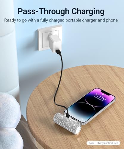 Sleek Shiny Pink Mini Power Bank with Built-in Lightning Connector – 4500 m Ah Compact Charger for i Phone 14/13/12/11/XR/8/SE Series – Stylish Glitter Battery Pack for Effortless On-the-Go Charging and Enhanced Compatibility