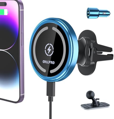 OHLPRO Mag Safe Car Charger Mount for i Phone 16/15/14/13 Pro Max – 15 W Fast Charging Phone Holder with 360° Rotation, Secure Adhesive Base for Tesla and Other Vehicles, Ultimate Magnetic Car Accessory for Safe Driving and Hands-Free Navigation – Perfect Gift for Tech Enthusiasts and Road Warriors