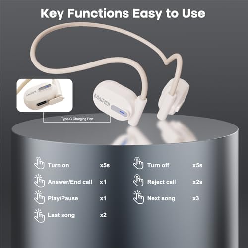MAIRDI Bluetooth 5.3 Open Ear Sport Headphones – Wireless Air Conduction Earbuds with 8-Hour Playtime and Noise Reduction Mic for Uninterrupted Running and Cycling – Ergonomic Design for Maximum Comfort and Awareness – Premium Sound Quality in White