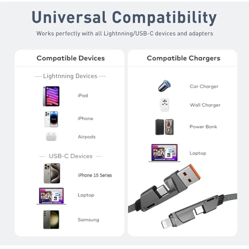 4-in-1 USB C Charging Cable: 60 W Fast Charge & 4 ft Versatile Connector for i Phone 15 Pro, Samsung Galaxy, Google Pixel, Laptops & Tablets – Streamlined Power Solution for All Your Devices