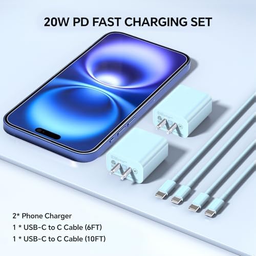 Lightning-Fast 20 W USB-C Wall Charger & 10 FT Cable for i Phone 15/16/Plus/Pro Max – Sleek Pink-Blue Power Adapter for Ultimate Charging Performance and Versatile Use