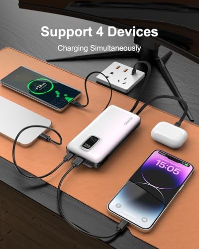 Ultimate 10000 m Ah Portable Power Bank with Built-In USB-C, USB-A & i OS Cables – 22.5 W Fast Charging Power Bank for i Phone 16/15/14/13, Samsung S24/S23/S22/S21, i Pad & More – Lightweight, Airline-Approved Charger for On-the-Go Convenience and Enhanced Device Compatibility
