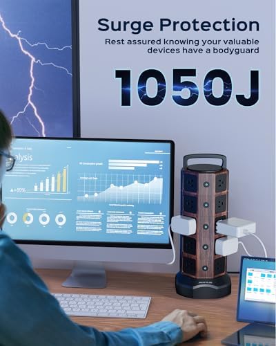 JACKYLED 20-Outlet Power Strip Tower Surge Protector with 6 Fast USB Ports – 1050 Joules Safety Shield, 13 A Desktop Charging Station with 6.5 ft Heavy-Duty Cord, Elegant Black Walnut Design for Home, Office & Garage Use – Ultimate Device Power Solution