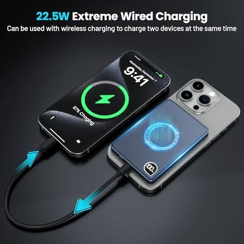Ultra-Slim 5000 m Ah Magnetic Power Bank with Built-In USB-C Cable – 22.5 W Fast Charging Solution for i Phone 16/15/14/13, Samsung Galaxy, and Android Devices – Lightweight Design, Smart Thermal Regulation, and Universal Compatibility for Effortless On-the-Go Charging