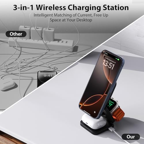 X55 Magnetic Foldable 3-in-1 Charging Station for Apple Devices – 15 W Fast Wireless Charger for i Phone 16, 15, 14, 13, 12 Series, 5 W Apple Watch Power Station, Portable Air Pods Charging Stand – Sleek Black Design for Travel and Home Use