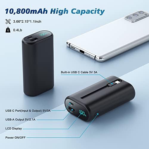 Compact 10800 m Ah Portable Charger with Built-in USB-C Cable – Fast PD 3 A Power Bank for Samsung Galaxy S22/S21, Note, Moto, and LG – LCD Display for Real-Time Battery Monitoring – Ultimate Solution for Mobile Charging Needs