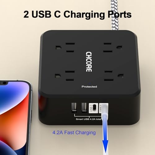 CHCORE 5 Ft Surge Protector Power Strip – 8 Outlet Power Hub with 4 USB Ports (2 USB-C) for Rapid Charging, Flat Plug Design for Space-Saving Convenience in Home and Office, ETL Certified for Enhanced Safety and Performance