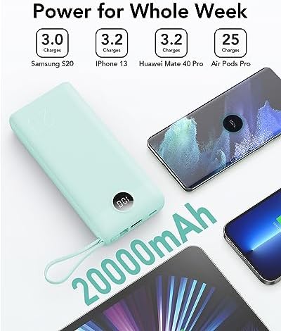 Ultimate 20000 m Ah VRURC Portable Charger with Built-in Cables – Fast Charging Power Bank for Travel, PD & QC 3.0 Compatible, 4 Output Ports & Dual Input, Ideal for i Phone, Samsung, Android Devices – Compact & Durable Battery Pack for On-the-Go Power