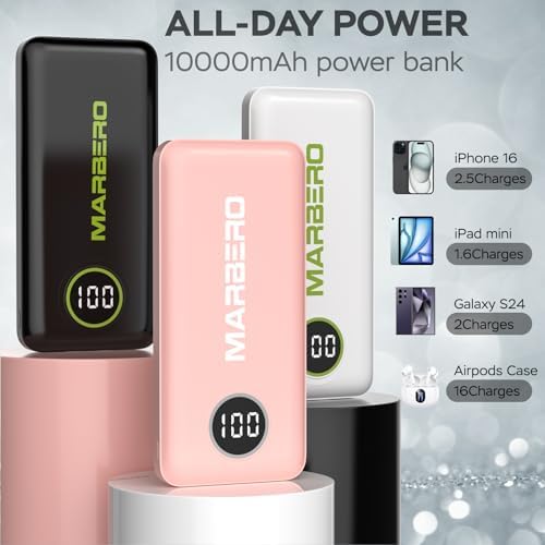 Ultra-Slim 10000 m Ah Portable Power Bank – MARBERO V18 High-Speed USB-C Charger for Multi-Device Charging – Lightweight, Durable Battery Pack for Samsung, Google, and Android Phones – Fast Charge Technology Ensures All-Day Power on-the-Go