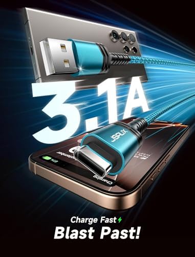 JSAUX 10 ft USB C Cable 2-Pack – High-Speed Charging & Data Transfer for i Phone 16 Series, Samsung Galaxy S20/S10/S9 & Note 20 – Durable Nylon Braided Design for Ultimate Reliability – Perfect for Home, Office & On-the-Go Use – Enhanced Compatibility with USB 3.1 Technology – Sleek Black Finish for Professional Aesthetics