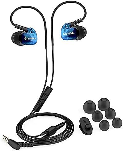 Granvela GV1 HD Sports In-Ear Headphones – IPX5 Waterproof Wired Earbuds with Built-In Mic, Memory Wire Earhook & Cable Clip for Ultimate Comfort & Performance – Perfect for Active Lifestyles & Enhanced Device Compatibility – Blue
