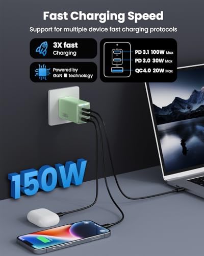 Ultimate 150 W USB-C Charging Hub – Compact Multi-Device Power Adapter with 3 Fast-Charging Ports for Mac Book Pro, i Phone 16, Galaxy S24, and Dell Laptops – Enhanced Efficiency with Ga N Technology for Professionals on the Go