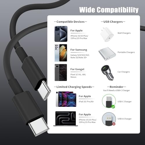 6-Foot USB C Cable for i Phone 15 – 3-Pack Durable Woven Fast Charging Solution for i Phone 16, Mac Book Pro, and Samsung Galaxy S23 Ultra – Optimal Length for Home, Office, and Travel Use – 60 W Power Delivery & High-Speed Data Transfer