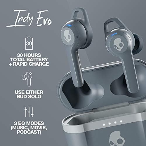 Skullcandy Indy Evo Wireless Earbuds – 30-Hour Battery Life, IP55 Sweat Resistant, Universal Compatibility for i Phone & Android – Touch Control Bluetooth Headphones in Grey for All-Day Comfort and Premium Sound Experience