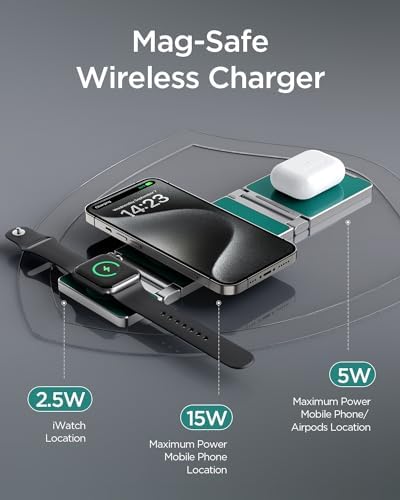 Hohosb Foldable 3-in-1 Magnetic Wireless Charger Station – Premium Zinc Alloy Design for i Phone 15/14/13/12, Air Pods Pro/3/2, and Apple Watch – Mag Safe Compatible, Fast Charging, and Travel-Friendly Solution for All Your Devices (Blue)