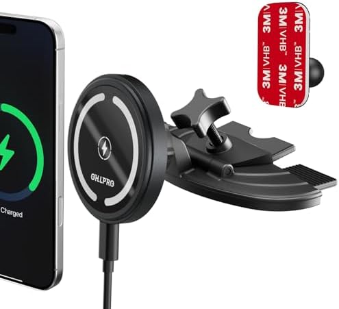 OHLPRO 15 W Mag Safe Car Mount Charger for i Phone 16 – Premium Fast Wireless Charging, Magnetic CD Slot Holder with 3 M Adhesive for Dashboard, Sleek Aluminum Design, Compatible with i Phone 16/15/14/13 Pro Max – Ultimate Driving Convenience and Stability