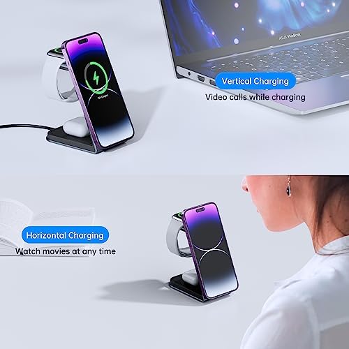 Innovative 3-in-1 Magnetic Wireless Charging Station for i Phone, Apple Watch & Air Pods – Swift, Tangle-Free Power Hub for i Phone 15/14/13/12 & Apple Watch S2-S9 – Chic Grey Aesthetic Perfect for Modern Interiors – VASIVO Robust Construction & Universal Device Compatibility