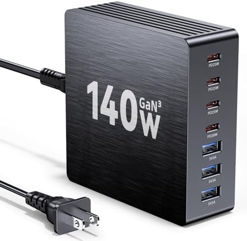 140 W Ga N III USB-C Fast Charging Station – 7-Port Multi-Device Hub with PD 3.0 Technology for Rapid Laptop, Tablet, and Smartphone Charging – Ideal Portable Power Strip for Home, Travel, and Office Use