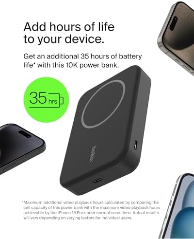 Belkin 5000 m Ah Wireless Power Bank with Qi2 Technology – Mag Safe-Compatible Portable Charger Featuring Built-in Kickstand for i Phone 16, 15, 14, 13, Plus, Pro, Pro Max – Sleek White Design for Seamless Charging on the Go – Optimal Speed & Versatile Compatibility