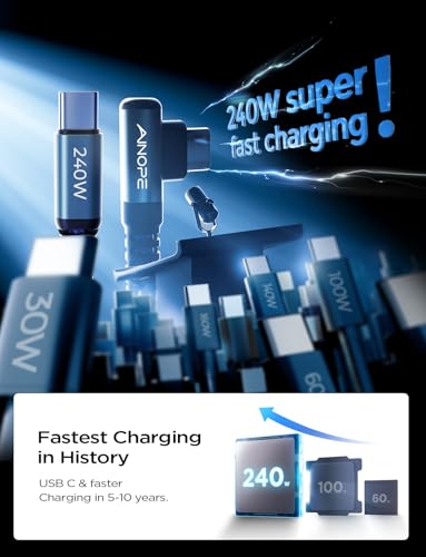 Optimize your charging setup with the AINOPE 240 W USB C to USB C Cable, a 6-foot powerhouse engineered for ultimate speed and flexibility. Featuring a right-angle connector, this fast charging cable is perfect for gaming or multitasking without the clutter of tangled cords. Compatible with the latest devices, including i Phone 16 Pro Max, i Phone 15, Mac Book Air/Pro, i Pad Pro, Samsung Galaxy, and Pixel, it delivers an impressive 240 W power output for rapid charging. The dual-pack offers exceptional value, ensuring you have a reliable charging solution wherever you go. Built with premium materials for durability, the sleek grey and blue design enhances your tech aesthetic while providing long-lasting performance. Elevate your device charging experience with this versatile cable, designed for both home and office use, while ensuring seamless connectivity across all your electronics.