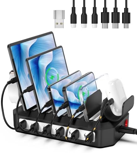 Ultimate 2025 6 Port Fast Charging Station – Multi-Device USB Dock with Safety Certification, 6 Cables & 2 Stands for Smartphones, Tablets, Kindles, Smartwatches – Streamlined Power Hub for Home, Office, and Travel