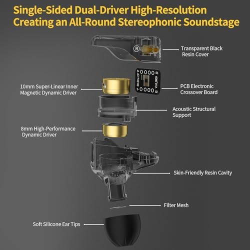 Transform Your Audio Experience with KZ-Merga Dual-Dynamic Driver Wired Earbuds – Premier In-Ear Monitors for Gamers, Students, and Music Lovers | Comfort-Focused Design for All-Day Wear, Integrated Microphone for Crisp Communication, Universal 3.5 mm Compatibility, Sleek Transparent Black Finish for Modern Aesthetics