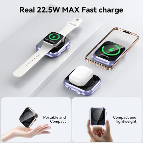 Compact 3-in-1 Mag Safe Power Bank – 10,000 m Ah Magnetic Charger with 22.5 W PD Fast Charging for i Phone 16/15/14/13/12, Apple Watch & Air Pods – Ultimate On-the-Go Charging Solution with Enhanced Safety Features and Dual Device Support