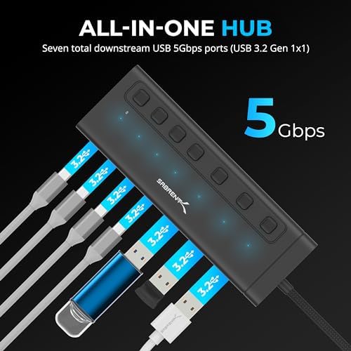 SABRENT 7-Port USB-C Hub: Maximize Efficiency with 3 USB-A & 4 USB-C Ports, 5 Gbps USB 3.2 Speed, 20 W PD Charging, Smart Power Control & LED Indicators – Ideal for Mac, PC, Steam Deck, ROG Ally – Stylish Aluminum Build for Durability & Performance