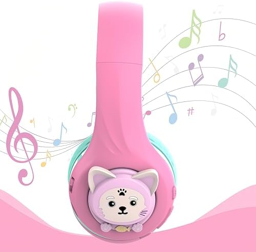 Riwbox CB-7 S Wireless Kids Headphones – Safe & Stylish Audio for Young Listeners with Adjustable Volume Control (74/85/95 d B), LED Glow Lights, 50 Hours of Playtime, Bluetooth 5.3 Connectivity, Built-in Microphone & TF Card Slot for School, Travel, and Home Use (Pink & Green) – Ideal for Active Lifestyles