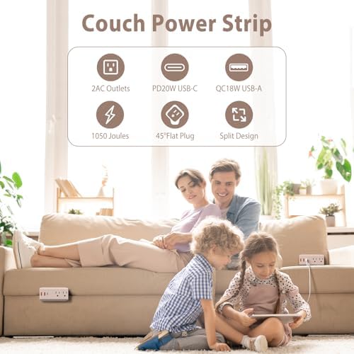 HEZI Couch Charging Station with 2 AC Outlets and 3 Fast USB Ports – 10 ft Flat Power Cord for Seamless Charging – ETL Listed Surge Protector for Furniture – Enhance Comfort and Stay Powered Up