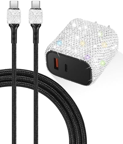 Effortless Power Boost: Bling USB C Wall Charger with 20 W Dual Port Fast Charging Adapter & 3.2 FT Type-C Cable – Universal Compatibility for i Phone 16/15 Pro Max, i Pad, and Samsung Galaxy S23/S22/S21/Note Series – Ultimate On-the-Go Charging Solution for Home & Travel