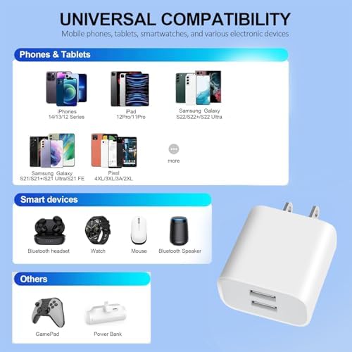 3-Pack Dual Port USB Wall Charger – Rapid Charge Block for i Phone 14/13/12/11 Pro/Max, Galaxy & Android Devices – Compact Travel Adapter with Advanced Safety Features for Home & On-the-Go Power Solutions