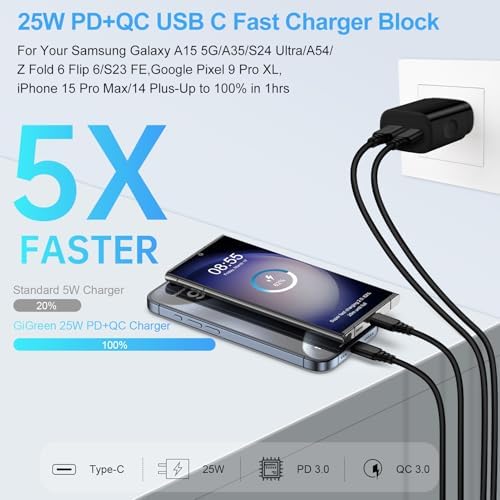 Rapid Charge 25 W Dual Port USB-C Wall Adapter – High-Efficiency Fast Charger for Samsung Galaxy, i Phone, and Pixel Devices – Compact, Portable Power Block with Advanced Safety Features – Perfect for Galaxy Watch, Z Fold, A & S Series Models