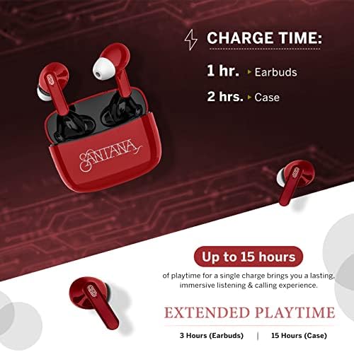 Carlos Santana Mambo True Wireless Earbuds – Premium Bluetooth 5.1 Sports Headphones with Voice-Isolating Microphone and Deep Bass for Gaming and Music – Ergonomic Comfort with Portable Charging Case in Striking Red for All-day Use