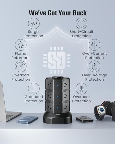 Elevate Your Charging Solutions with the SUPERDANNY Power Strip Tower – 15 W Wireless Charger and 1050 J Surge Protector with 12 AC Outlets, 6 USB Ports (Including 2 USB-C) and 6.5 ft Extension Cord – Ideal for Home Office Organization and Efficient Device Management with Elegant Wood Grain Finish