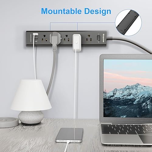 10 FT Surge Protector Power Strip with 5 Outlets & 3 USB Ports (Including 1 USB-C) – 1250 W, 10 A, 700 J Protection for Home Office & Entertainment Setup – Versatile Wall Mount Design for Extended Reach and Fast Charging – 2 Pack Black