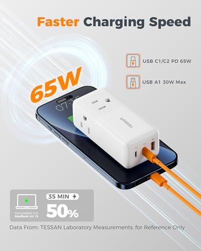 TESSAN 30 W USB Charging Station with Flat Plug & 5 FT Extension Cord – Multiport Fast Charger for Phones, Tablets, Laptops – Perfect Travel Companion with 3 AC Outlets & Enhanced Safety Features for Home and Office Use